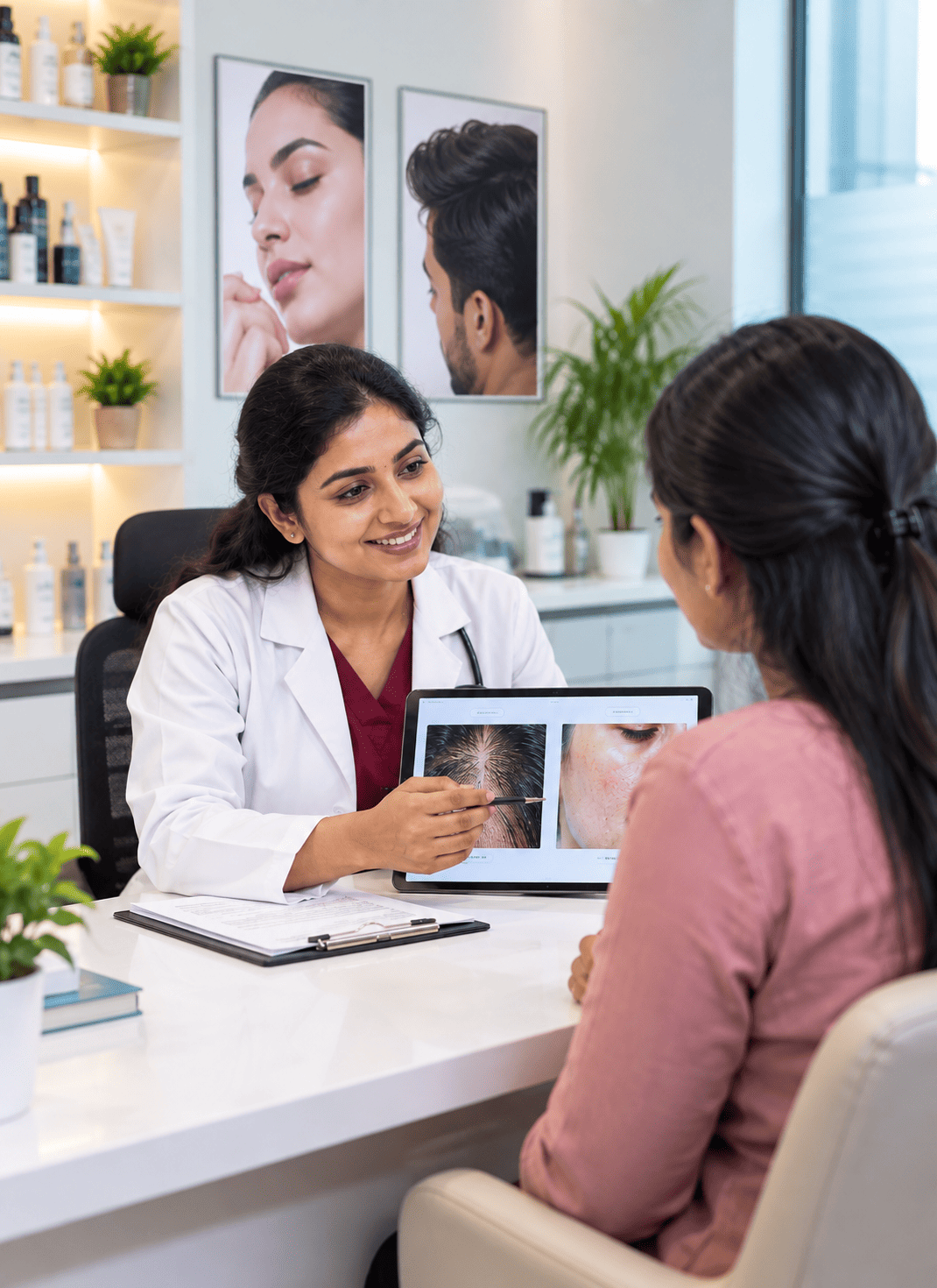 Indian dermatologist examining a patient's scalp