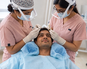 Indian man receiving hair transplant consultation