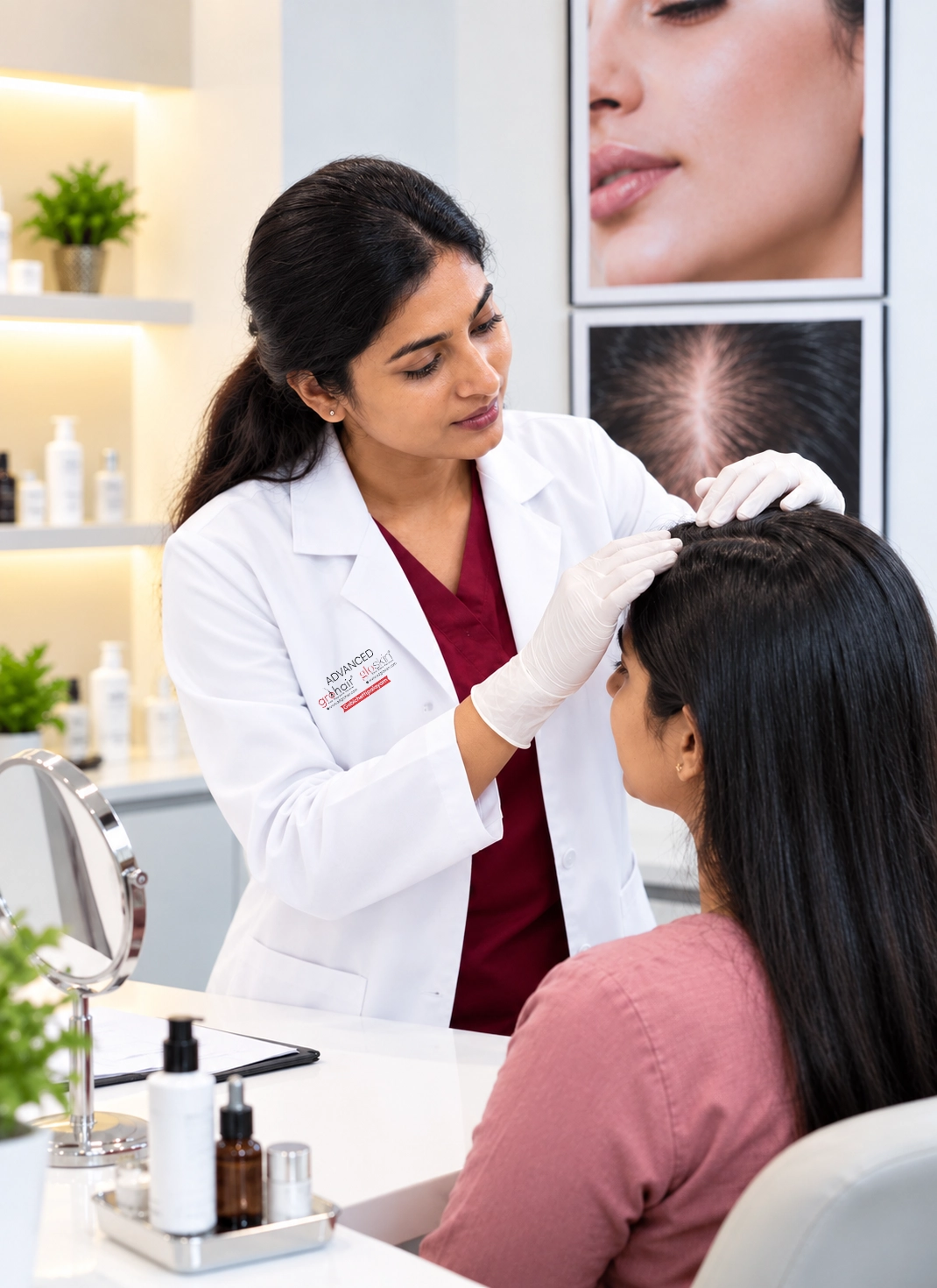 Indian dermatologist consulting a patient for skin and hair care