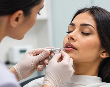 Indian woman receiving lip micropigmentation consultation
